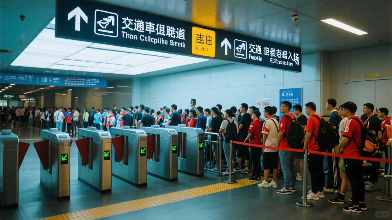 比赛日球迷在交通换乘与入场通道中有序前进的场景