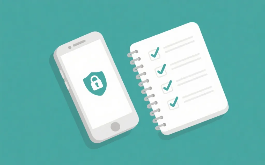 手机与笔记本上显示安全检查清单与盾牌图形的概念插图，简洁信息安全风格